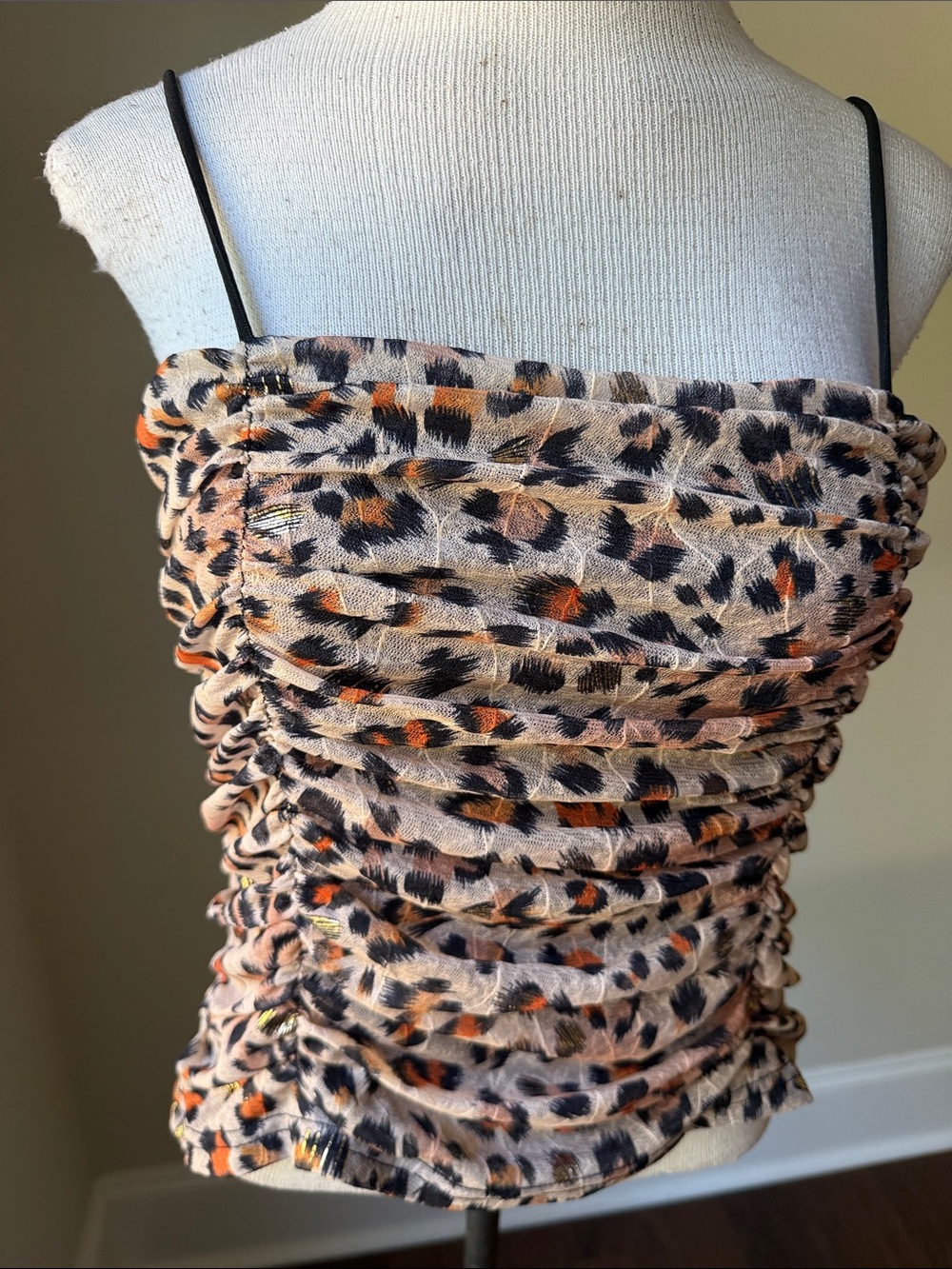 Ruched Leopard Print Cami Top in Beige and Black